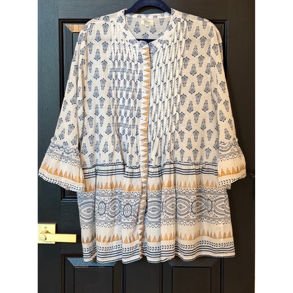Rhea Cotton Block Print Tunic Top Blue Gold Pintuck Bell Sleeve L/XL